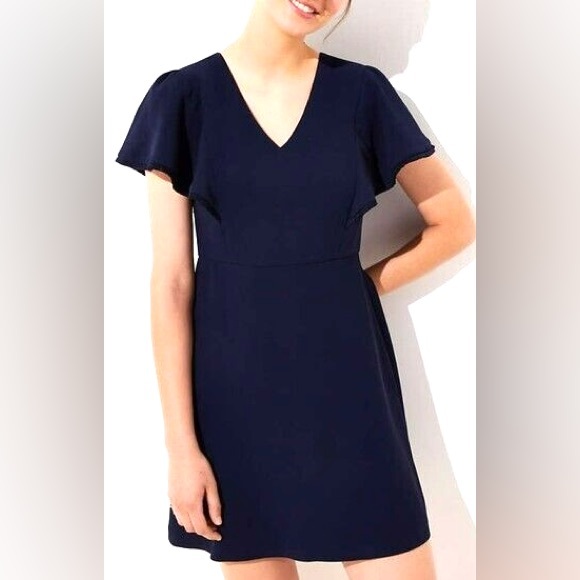 LOFT Navy Blue Flutter Sleeve V-Neck Solid Crepe Sheath Mini Dress Size 4P - Picture 1 of 8